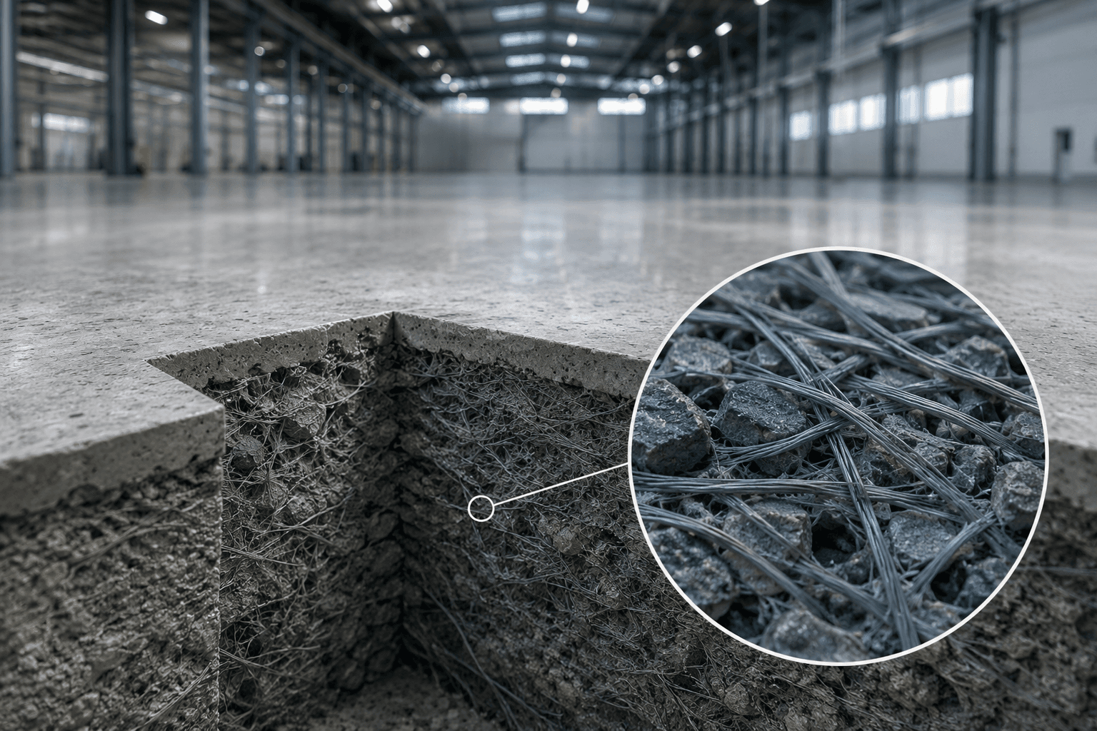 PolyProFiber makro sentetik fiber liflerinin yakın plan görünümü